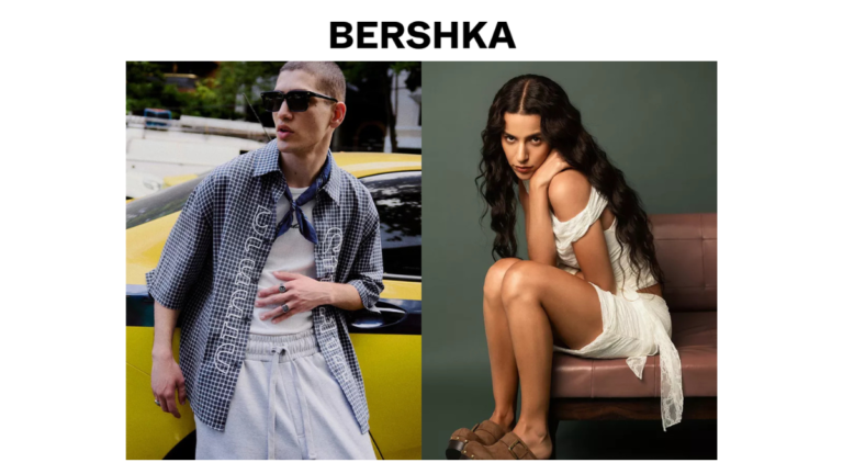 Male model in a checkered short-sleeve shirt and female model in a white lace dress showcasing Bershka's 2026 spring collection for the flagship opening at Phoenix Mall of Asia, Bengaluru.