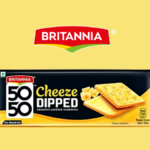 New Britannia 50-50 Cheeze Dipped packaging showing a crunchy layered sandwich biscuit with a sweet cheese filling.