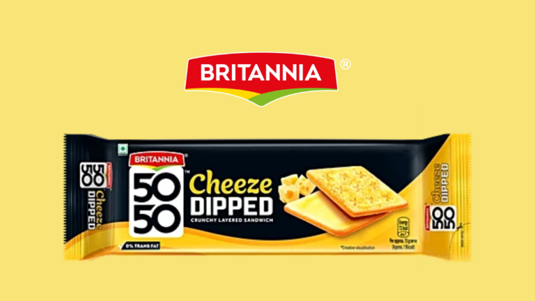 New Britannia 50-50 Cheeze Dipped packaging showing a crunchy layered sandwich biscuit with a sweet cheese filling.