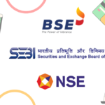 An illustrative collage featuring the logos of BSE, NSE and SEBI, surrounded by financial icons including a wallet with cash, credit cards, a calculator with a pen, and a chart showing upward growth arrows.