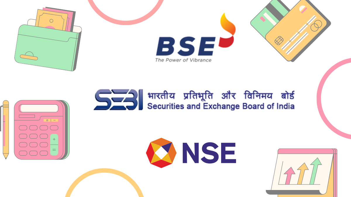 An illustrative collage featuring the logos of BSE, NSE and SEBI, surrounded by financial icons including a wallet with cash, credit cards, a calculator with a pen, and a chart showing upward growth arrows.