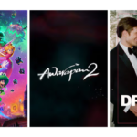 A collage of three major theatrical posters for April 2026: The Super Mario Galaxy Movie, the Bollywood sequel Awarapan 2, and The Drama starring Robert Pattinson and Zendaya in wedding attire.