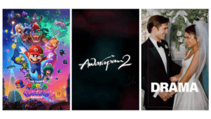 A collage of three major theatrical posters for April 2026: The Super Mario Galaxy Movie, the Bollywood sequel Awarapan 2,...