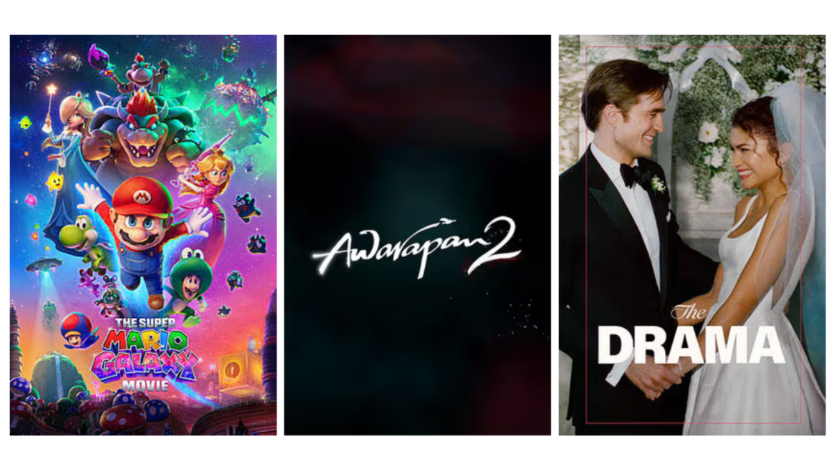 April 2026 Cinema Guide: Emraan’s Romantic Return, Legend Saravanan’s Mass Entry, and Mario’s Space Conquest 1 A collage of three major theatrical posters for April 2026: The Super Mario Galaxy Movie, the Bollywood sequel Awarapan 2, and The Drama starring Robert Pattinson and Zendaya in wedding attire.