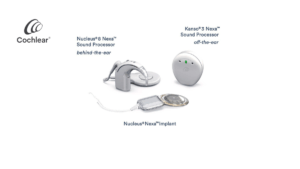 A comprehensive view of the Cochlear Nucleus Nexa System components, featuring the behind-the-ear Nucleus 8 Nexa Sound Pro...