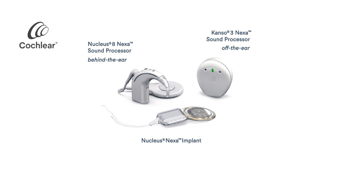 A comprehensive view of the Cochlear Nucleus Nexa System components, featuring the behind-the-ear Nucleus 8 Nexa Sound Processor, the off-the-ear Kanso 3 Nexa Sound Processor, and the internal Nucleus Nexa Implant.