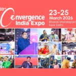 Promotional photo collage for the 33rd Convergence India Expo at Bharat Mandapam, New Delhi, scheduled for 23-25 March 2026. Images show key themes like VR technology, speaker panels, and trade show activities.