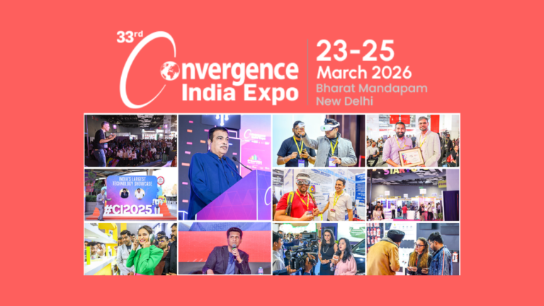 Promotional photo collage for the 33rd Convergence India Expo at Bharat Mandapam, New Delhi, scheduled for 23-25 March 2026. Images show key themes like VR technology, speaker panels, and trade show activities.