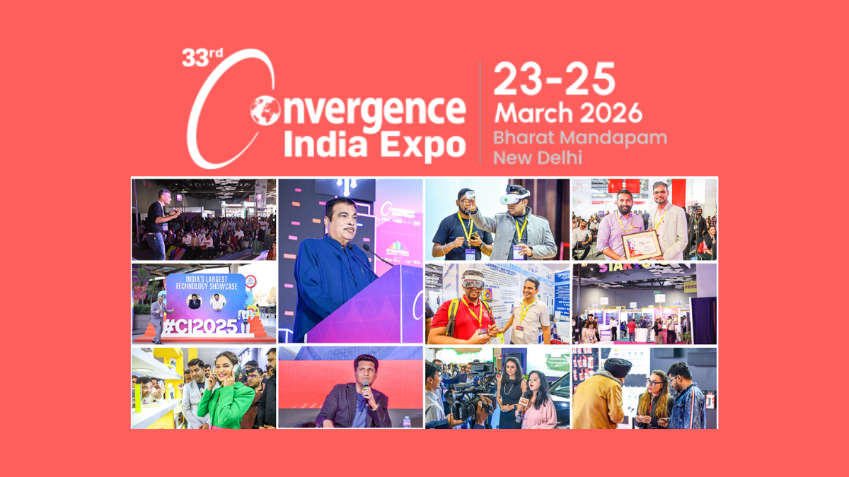 Promotional photo collage for the 33rd Convergence India Expo at Bharat Mandapam, New Delhi, scheduled for 23-25 March 2026. Images show key themes like VR technology, speaker panels, and trade show activities.