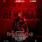 A dark and gritty movie poster for 'The Dhurandhar Revenge' showing a long-haired, bearded Ranveer Singh as Hamza standing...