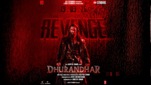 A dark and gritty movie poster for 'The Dhurandhar Revenge' showing a long-haired, bearded Ranveer Singh as Hamza standing...