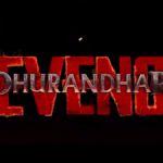The official movie title card for "Dhurandhar: The Revenge" featuring the word "REVENGE" in large, weathered red lettering with "DHURANDHAR" in metallic silver across it, presented by Jio Studios.