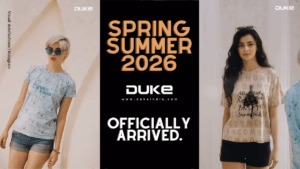 Official Duke India Spring Summer 2026 campaign creative featuring female models in graphic printed t-shirts with 'Officia...