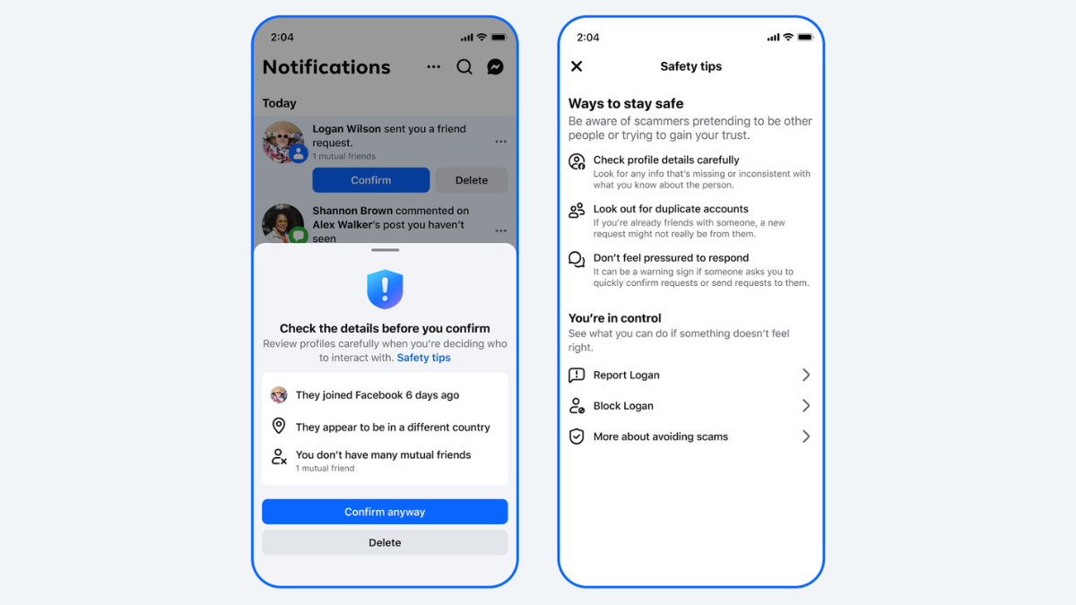 A UI mockup of the Facebook mobile app showing a safety prompt that warns users about a friend request from an account joined 6 days ago with no mutual friends.