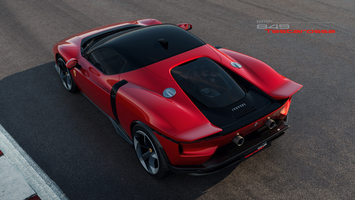 The Legend Reborn: Ferrari 849 Testarossa Officially Debuts in India 6 High-angle aerial view of a red Ferrari 849 Testarossa concept car on a racetrack, showcasing its black glass canopy, mid-engine glass cover, and sculpted rear fenders.