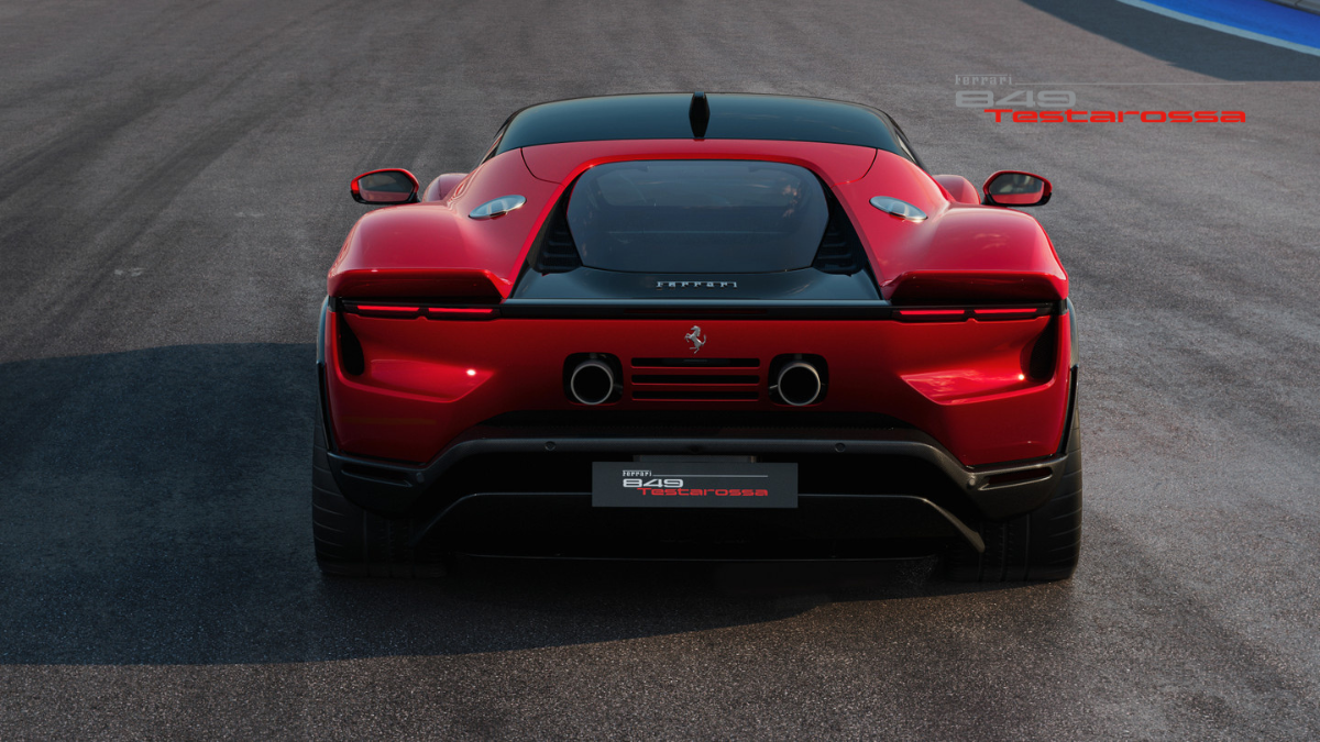 The Legend Reborn: Ferrari 849 Testarossa Officially Debuts in India 5 Rear view of a red Ferrari 849 Testarossa concept car on an asphalt track, highlighting its dual center exhausts, horizontal LED taillights, and wide aerodynamic stance.