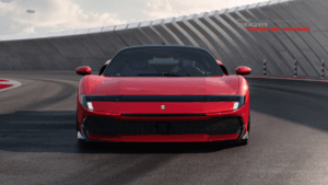 Front view of a red modern Ferrari Testarossa concept supercar on a racing track with a concrete barrier background.