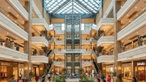 The sprawling multi-level atrium of Avenue Mall at Fortune City, featuring a central glass elevator, modern escalators, an...