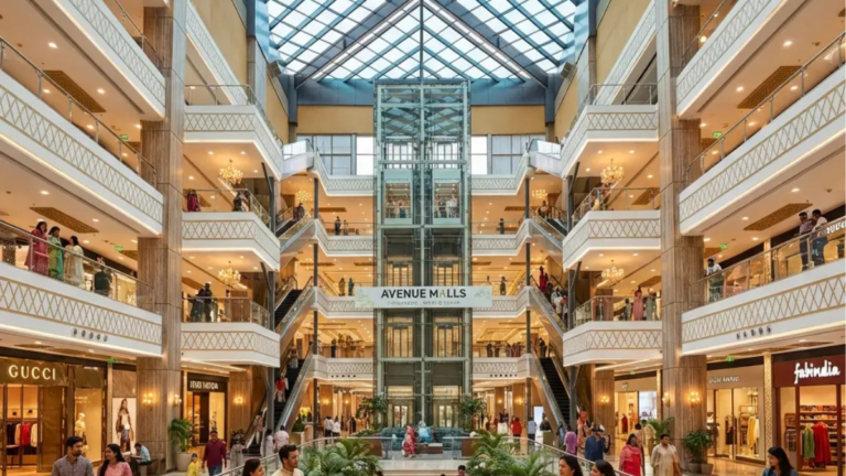The sprawling multi-level atrium of Avenue Mall at Fortune City, featuring a central glass elevator, modern escalators, and premium storefronts under a large glass skylight.