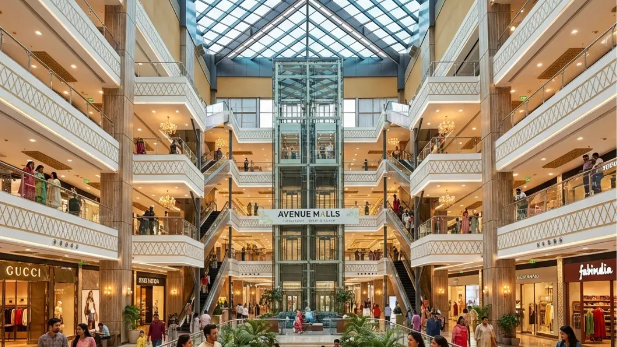 The sprawling multi-level atrium of Avenue Mall at Fortune City, featuring a central glass elevator, modern escalators, and premium storefronts under a large glass skylight.