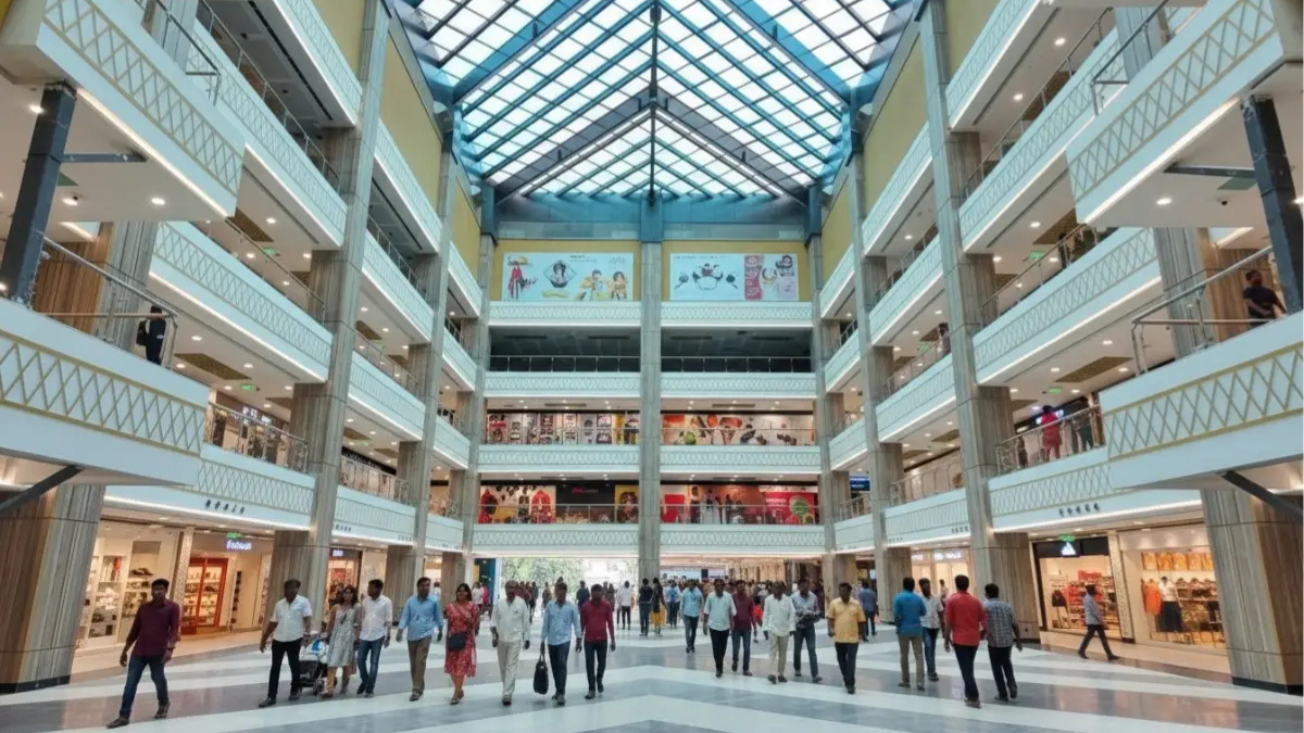 Shoppers walking through the wide, climate-controlled concourse of Fortune City, flanked by international brand outlets like Adidas under a bright glass-domed ceiling.