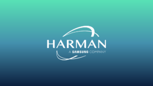 Official HARMAN A Samsung Company logo on a teal and navy blue gradient background, representing the brand's 'Made in Indi...
