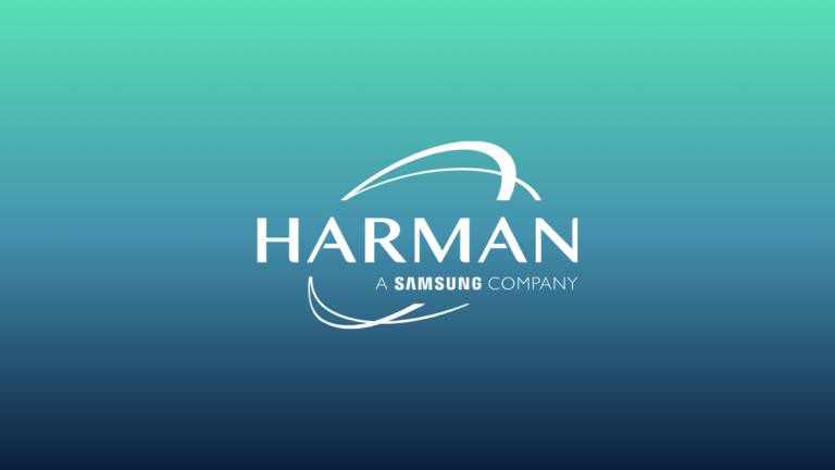 Official HARMAN A Samsung Company logo on a teal and navy blue gradient background, representing the brand's 'Made in India' manufacturing expansion.
