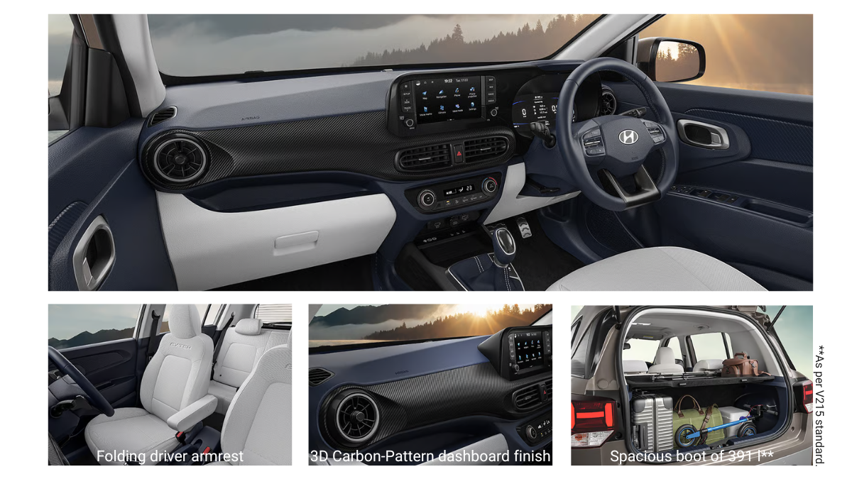 Hyundai Exter Facelift 2026: Why the HX8 is the New Value King for Indian Roads 3 Interior view of the 2026 Hyundai Exter featuring a 3D carbon-pattern dashboard, folding driver armrest, and a spacious 391-liter boot.