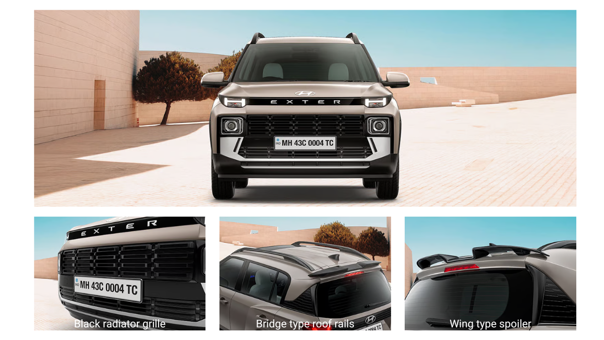 Hyundai Exter Facelift 2026: Why the HX8 is the New Value King for Indian Roads 2 Collage showing the 2026 Hyundai Exter's front fascia, black radiator grille, bridge-type roof rails, and sporty wing-type rear spoiler.
