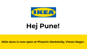 The exterior entrance of the new IKEA city-format store at Phoenix Marketcity Mall, Pune, featuring the iconic blue and ye...