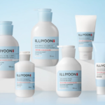 A group of Illiyoon Ceramide Ato skincare products including the ATO Concentrate Cream, Lotion, Soothing Gel, and Top to Toe Wash, featuring the Ceramide Skin Complex 2.0.