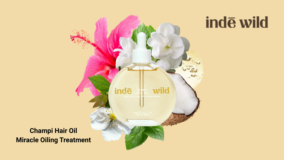 indē wild Champi Hair Oil bottle featuring a blend of hibiscus, jasmine, and coconut for traditional Indian head massage.