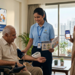 An MSDE-certified caregiver in a blue uniform checking the blood pressure of an elderly man in a wheelchair, while a family member holds a digital health app and a UDHQ interview checklist in a modern Indian home.