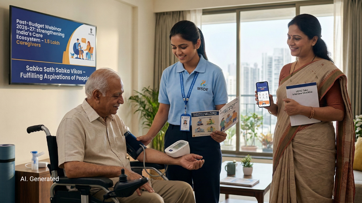 An MSDE-certified caregiver in a blue uniform checking the blood pressure of an elderly man in a wheelchair, while a family member holds a digital health app and a UDHQ interview checklist in a modern Indian home.