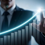 A businessman in a suit pointing to a glowing, upward-trending bar graph representing financial growth and successful IPO listings.