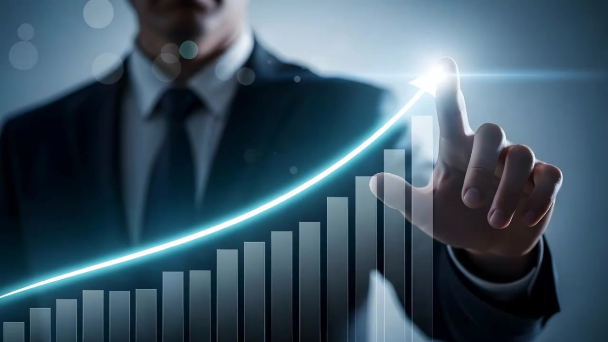 A businessman in a suit pointing to a glowing, upward-trending bar graph representing financial growth and successful IPO listings.