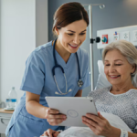 A smiling female healthcare provider in blue scrubs showing a digital tablet to an elderly patient in a hospital bed, illustrating AI-powered digital health transformation.