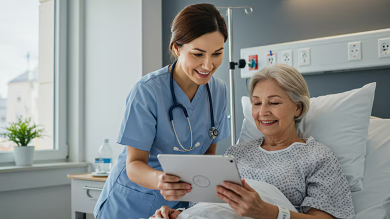 A smiling female healthcare provider in blue scrubs showing a digital tablet to an elderly patient in a hospital bed, illustrating AI-powered digital health transformation.