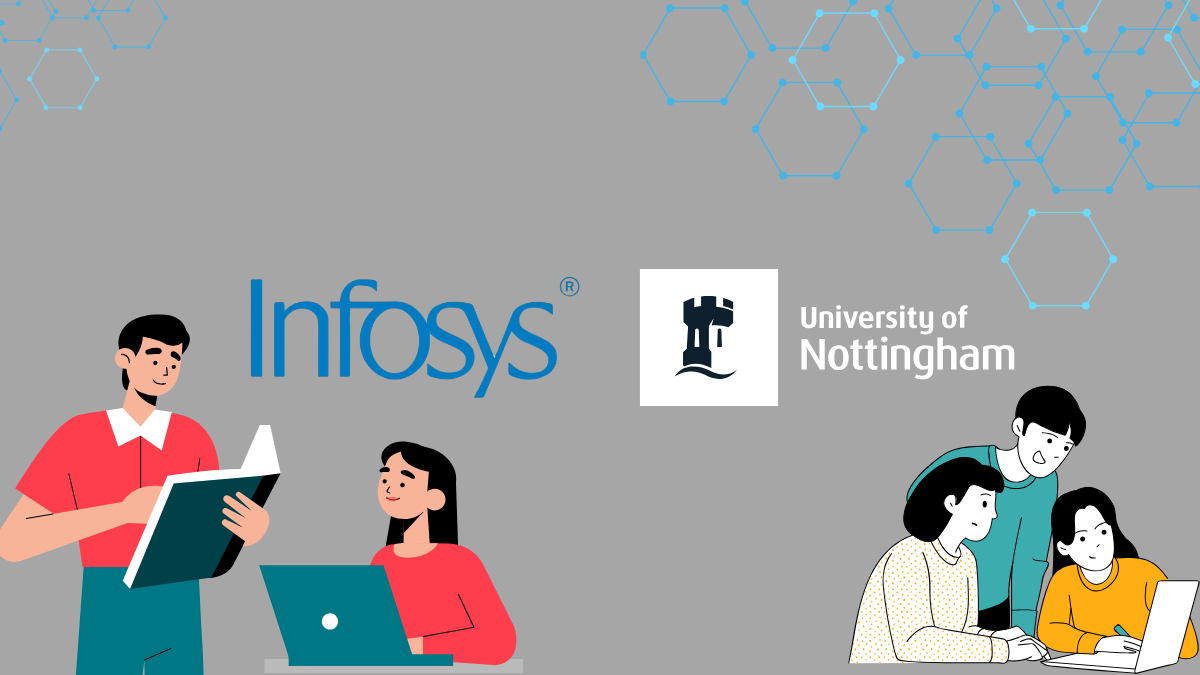 A professional graphic featuring the Infosys and University of Nottingham logos, accompanied by vector illustrations of students studying and collaborating on laptops, symbolizing their strategic partnership in digital infrastructure.