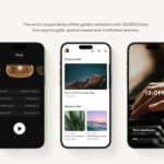 Three smartphone screens displaying the Insight Timer app interface, featuring a meditation timer with a singing bowl, sleep music tracks, and a piano meditation session.