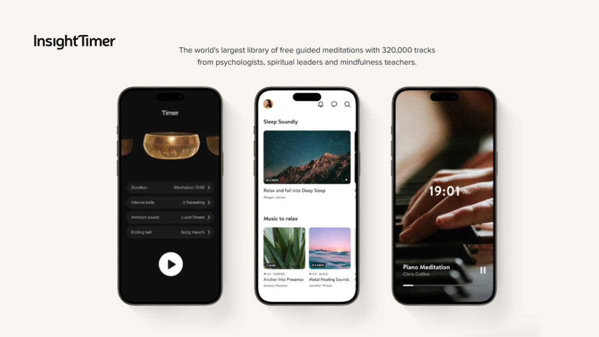 Three smartphone screens displaying the Insight Timer app interface, featuring a meditation timer with a singing bowl, sleep music tracks, and a piano meditation session.