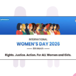 Official International Women's Day 2026 banner by UNESCO and PIB featuring the theme "Rights. Justice. Action. For ALL Women and Girls."