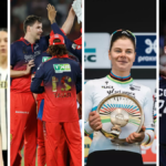 A sports collage featuring a Michigan women's basketball player, RCB cricketers celebrating an IPL wicket, a female UCI cyclist holding the Tour of Flanders trophy, and UConn men's basketball players.