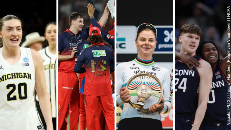 A sports collage featuring a Michigan women's basketball player, RCB cricketers celebrating an IPL wicket, a female UCI cyclist holding the Tour of Flanders trophy, and UConn men's basketball players.