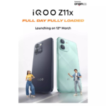 Official iQOO Z11x 5G launch poster featuring Prismatic Green and Titan Black color variants with the tagline Full Day Fully Loaded.
