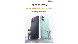 Official iQOO Z11x 5G launch poster featuring Prismatic Green and Titan Black color variants with the tagline Full Day Ful...