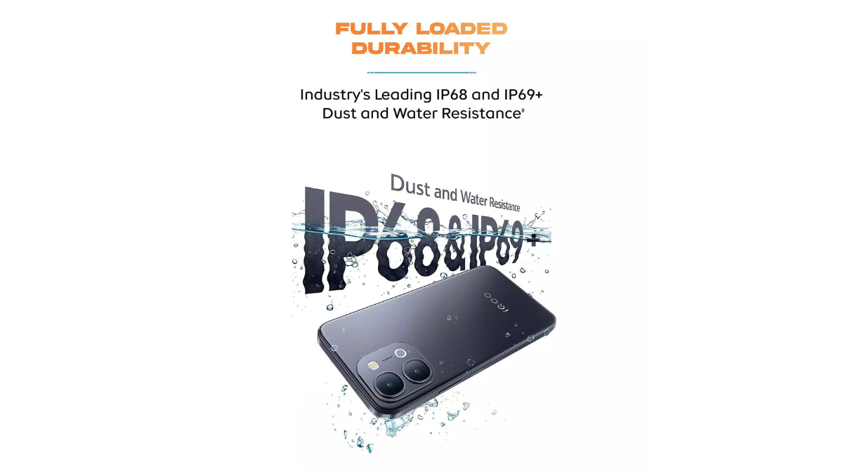 iQOO Z11x 5G submerged in water highlighting industry-leading IP68 and IP69 plus dust and water resistance ratings.
