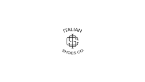 Minimalist black and white logo for Italian Shoes Co. featuring interlocking "ISC" initials in a sophisticated monogram.
