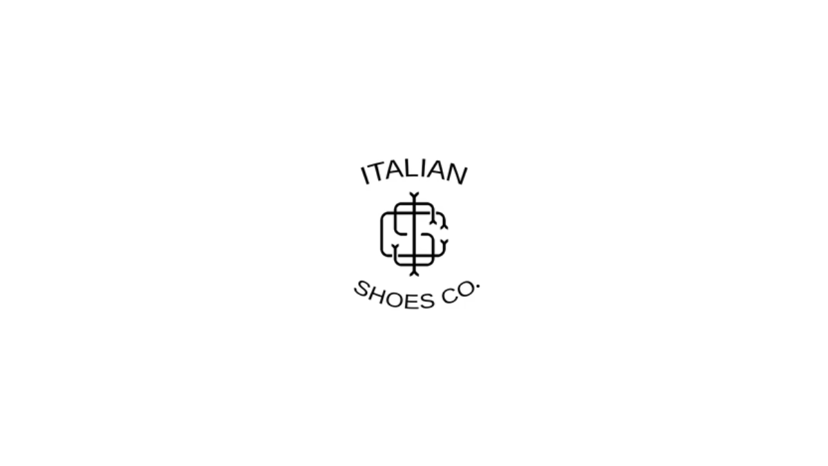 Minimalist black and white logo for Italian Shoes Co. featuring interlocking "ISC" initials in a sophisticated monogram.