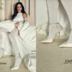 Gabbriette wearing ivory satin Jimmy Choo SAEDA pumps with crystal-embellished anklets for the 2026 Bridal Collection.
